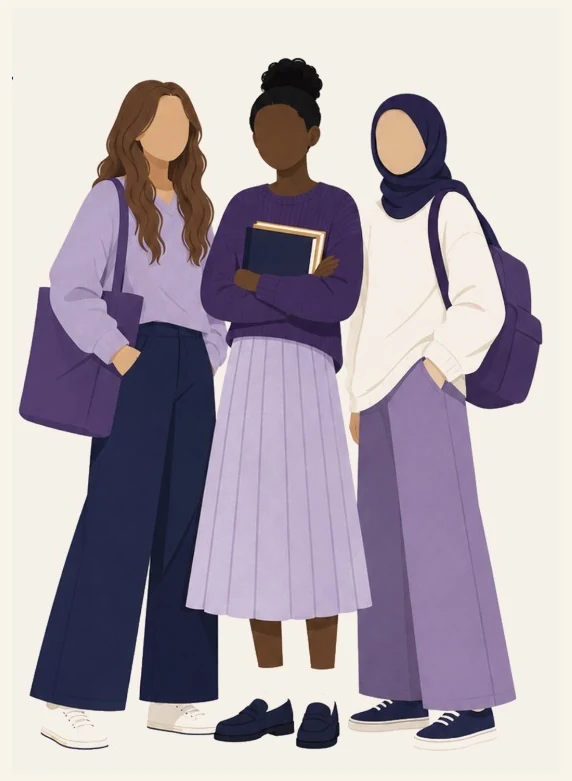 Three faceless illustrated girls standing together, including one wearing a hijab